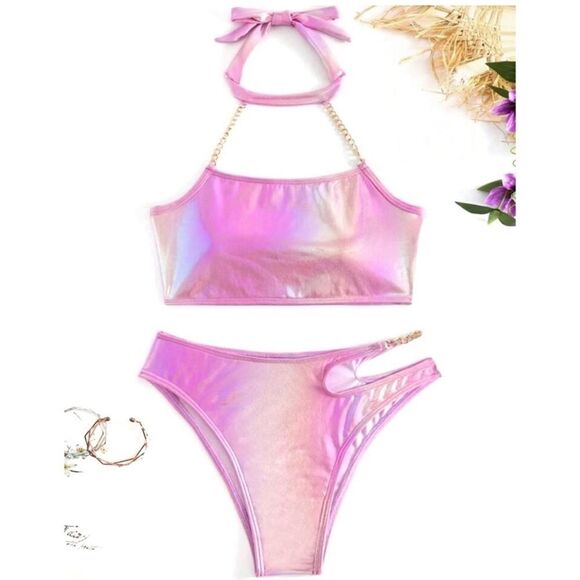 Y2K Festival Mermaidcore Metallic Holographic Choker Chain Detail Bikini - Picture 9 of 12